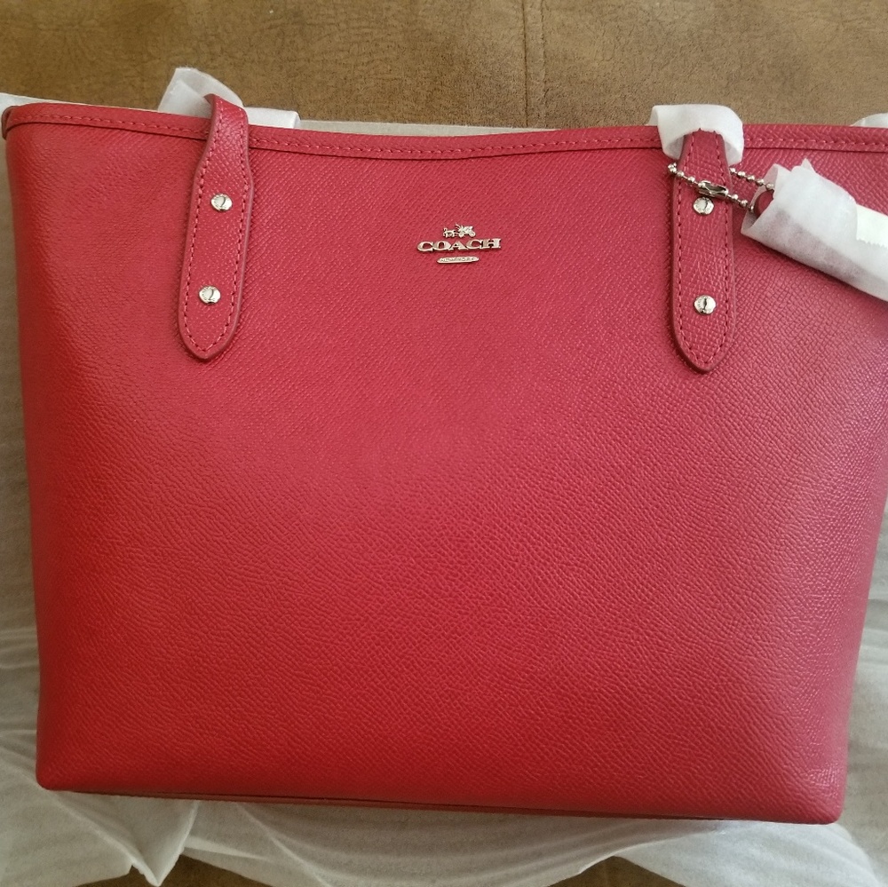 ❤ COACH Mini City Zip Top Tote ❤ True Red/Silver
